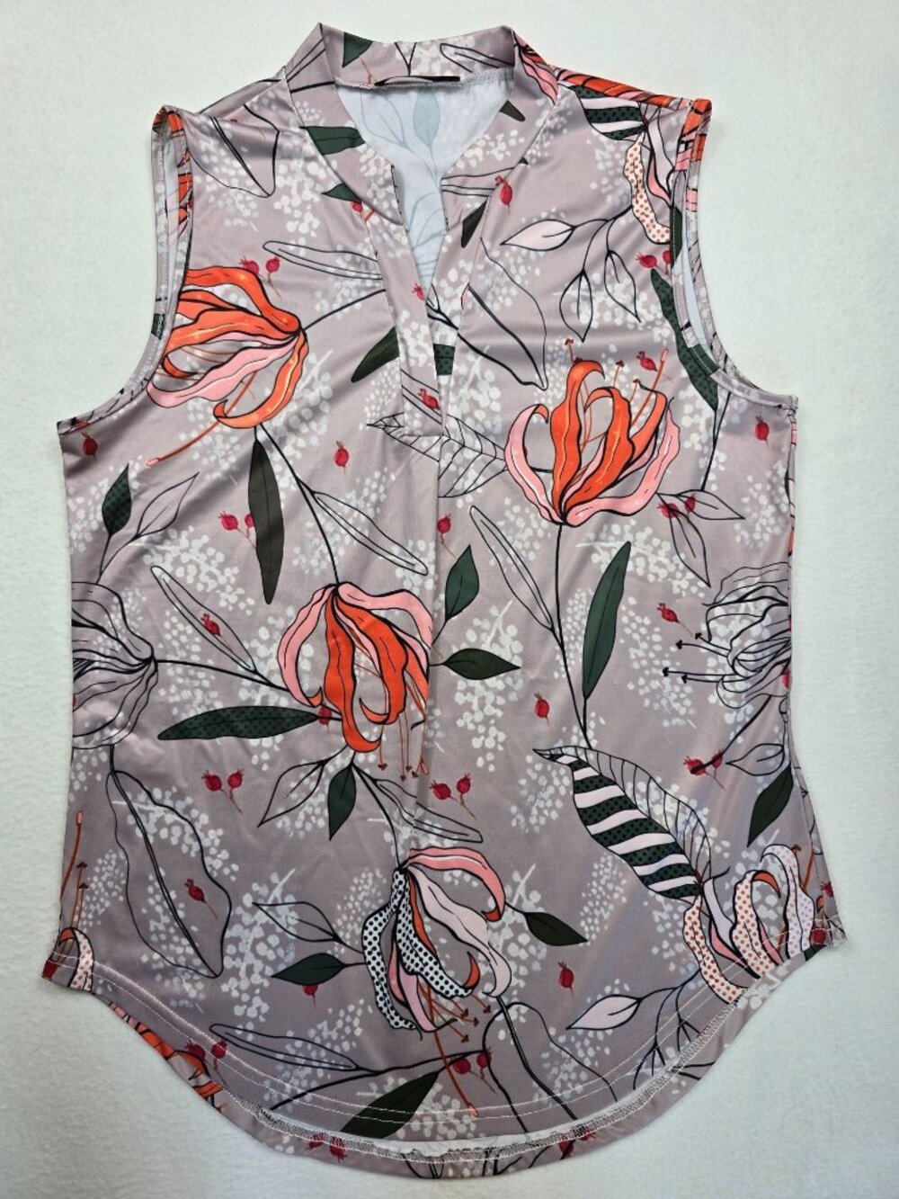 Large Floral Sleeveless Split Neck Blouse Top Loveu.Dear